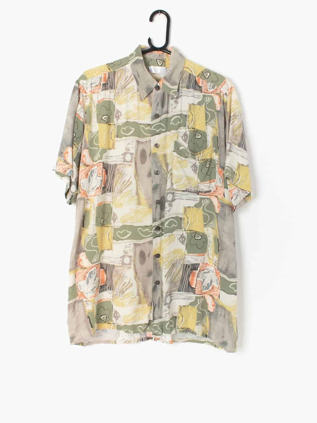 Mens vintage printed shirt with grungy green yellow orange abstract floral pattern - Medium / Large