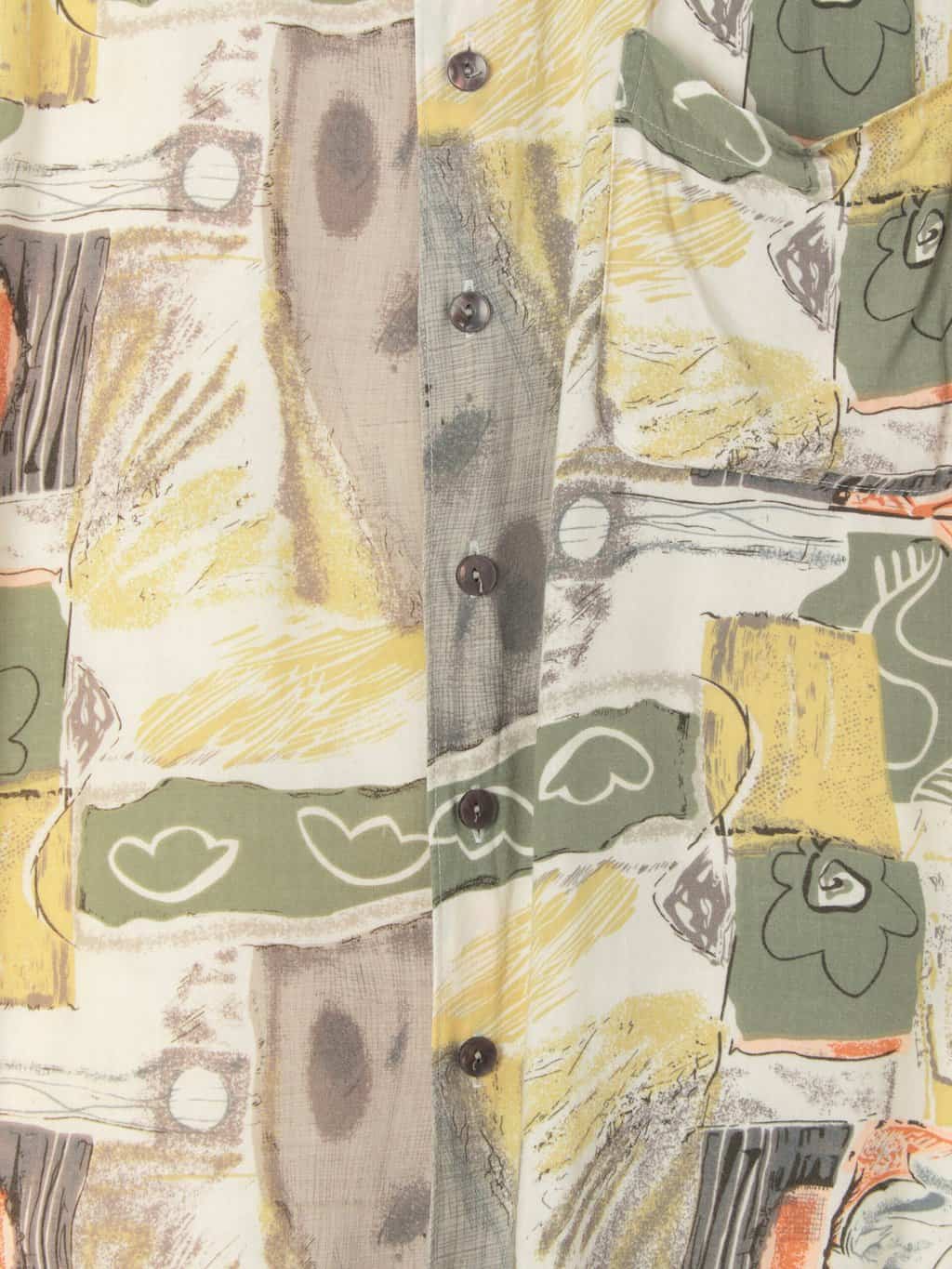 Mens vintage printed shirt with grungy green yellow orange abstract floral pattern - Medium / Large - Image 2