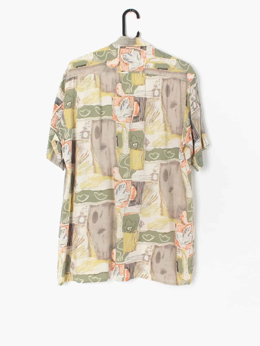 Mens vintage printed shirt with grungy green yellow orange abstract floral pattern - Medium / Large - Image 4