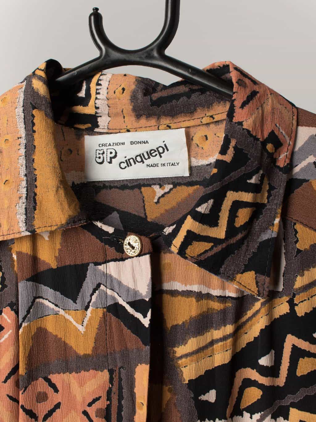 Womens vintage 90s blouse with crazy orange and black geometric aztec print. Made in Italy - Large - Image 3