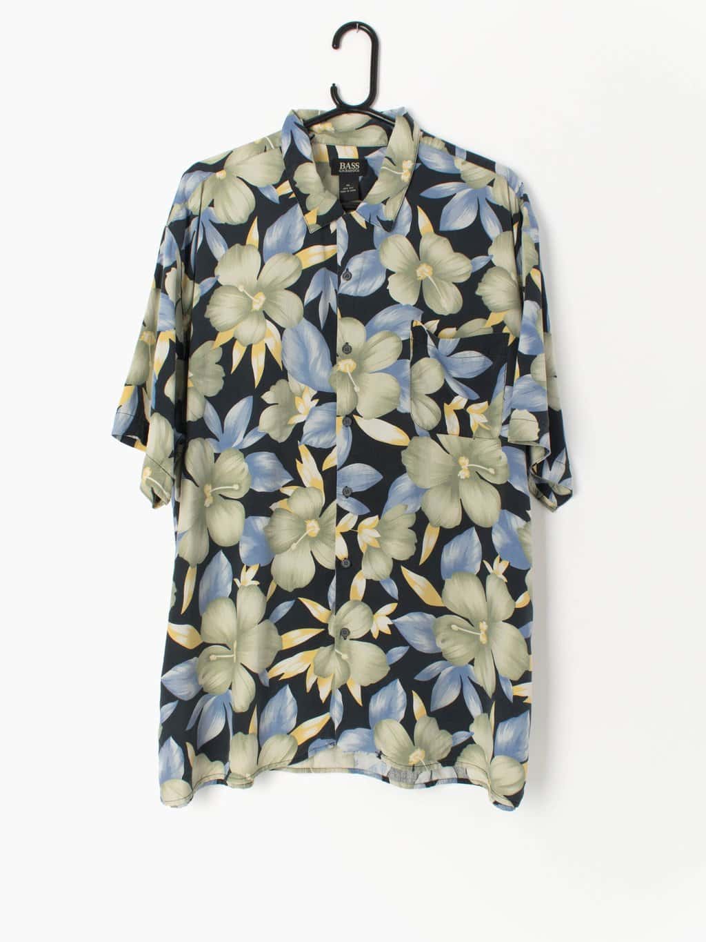 Mens Vintage Hawaiian silk shirt in black with blue and green floral print - XL