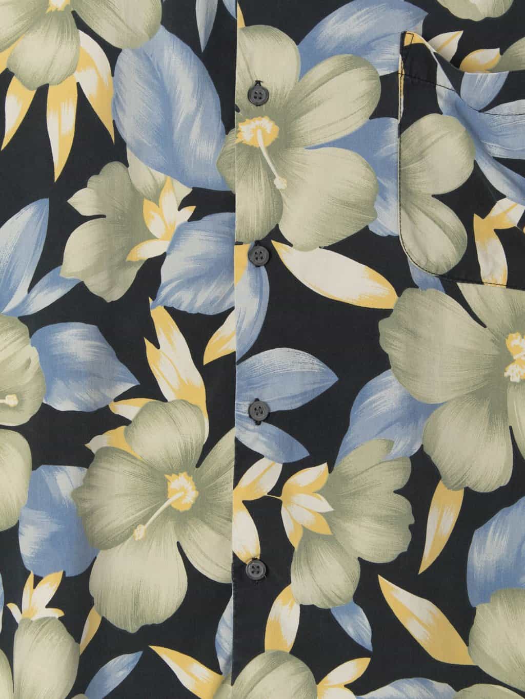 Mens Vintage Hawaiian silk shirt in black with blue and green floral print - XL - Image 2