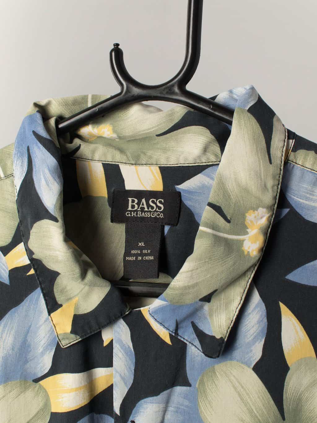 Mens Vintage Hawaiian silk shirt in black with blue and green floral print - XL - Image 3