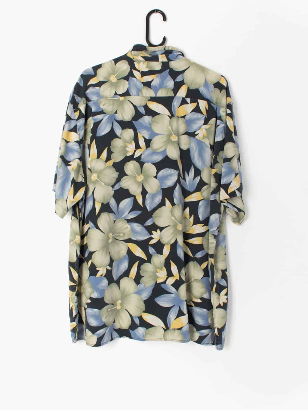 Mens Vintage Hawaiian silk shirt in black with blue and green floral print - XL - Image 4