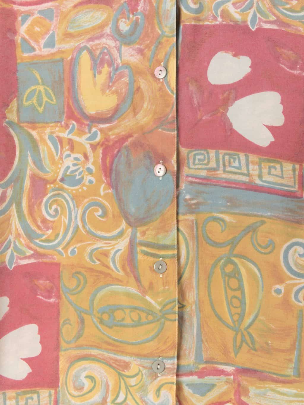 Womens vintage 90s pink blouse with yellow abstract floral tulip pattern by Seidensticker - Medium - Image 2