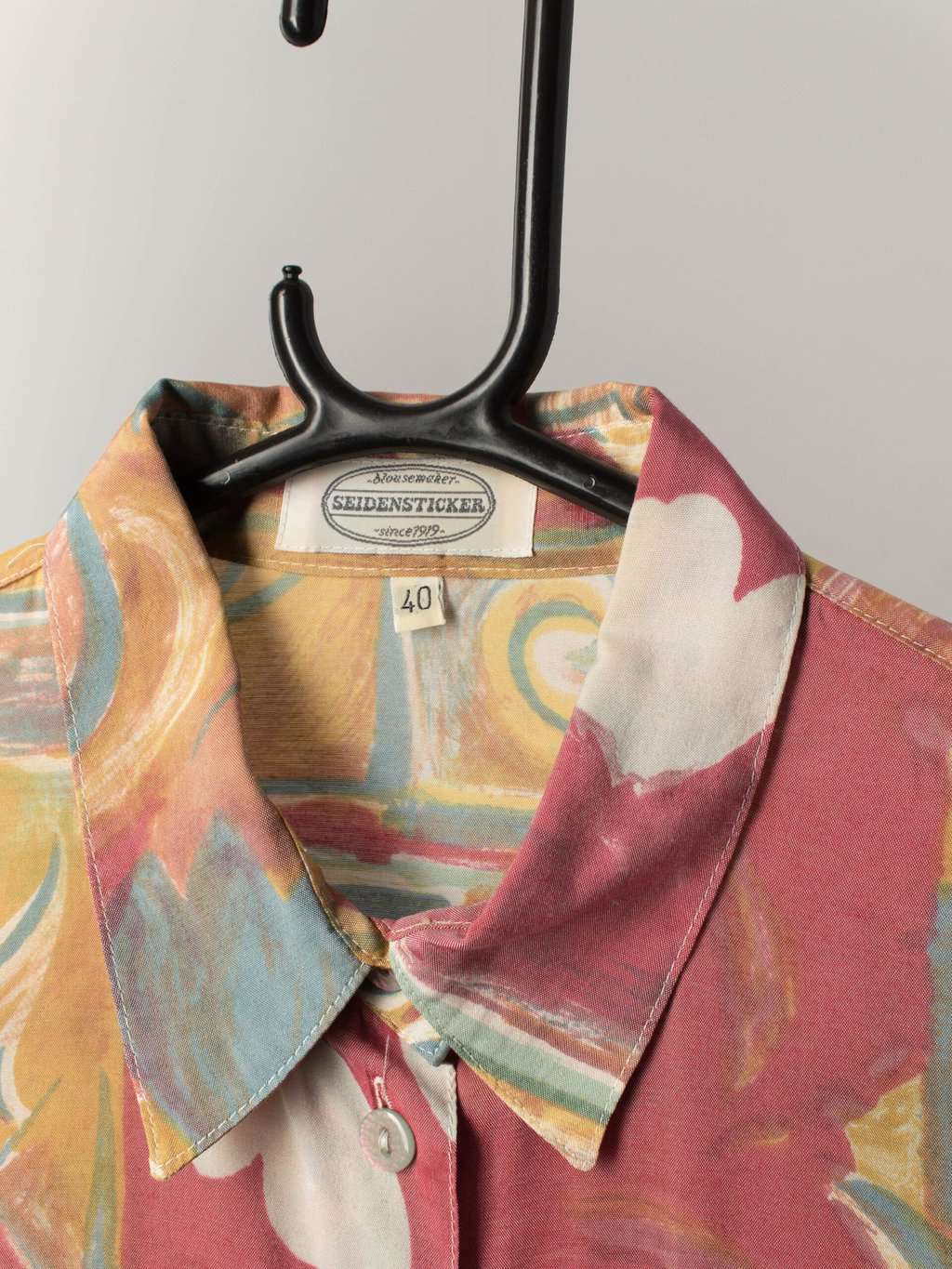 Womens vintage 90s pink blouse with yellow abstract floral tulip pattern by Seidensticker - Medium - Image 3