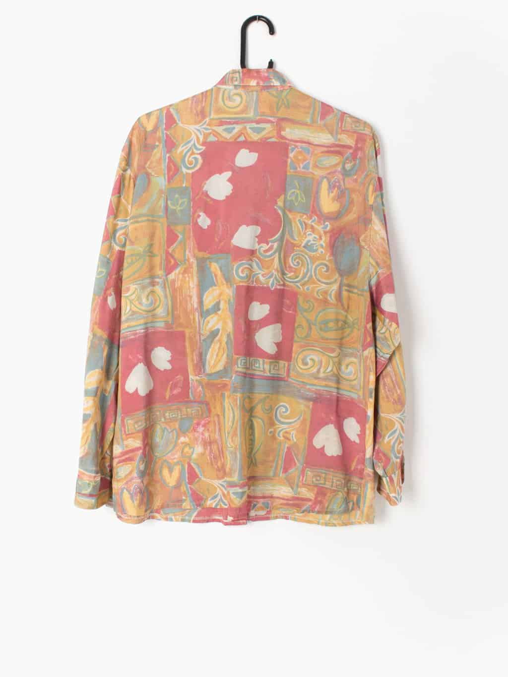 Womens vintage 90s pink blouse with yellow abstract floral tulip pattern by Seidensticker - Medium - Image 4