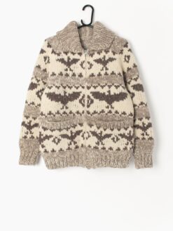 Mens 1960s vintage cowichan cardigan jacket with beige bands and eagle pattern- Small / Medium