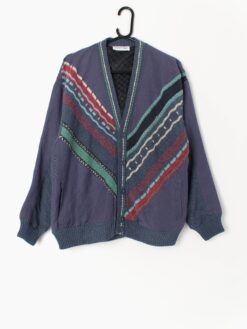 Mens vintage coogi style cardigan in blue cotton and linen with funky geometric design - Medium / Large