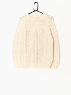 Womens hand knitted vintage cable knit pullover jumper in white / cream -  Medium