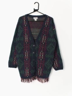 Womens vintage longline cardigan in navy with green and red aztec design and tassels - Medium / Large