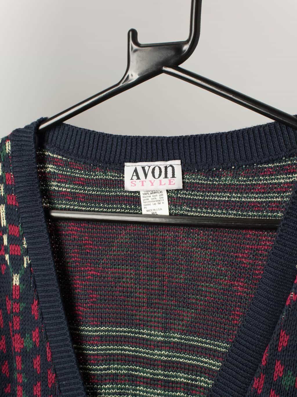 Womens vintage longline cardigan in navy with green and red aztec design and tassels - Medium / Large - Image 2