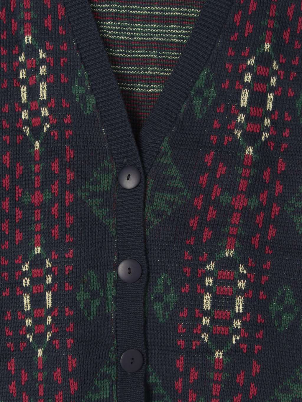 Womens vintage longline cardigan in navy with green and red aztec design and tassels - Medium / Large - Image 3