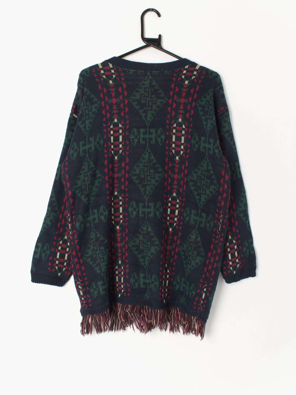 Womens vintage longline cardigan in navy with green and red aztec design and tassels - Medium / Large - Image 4