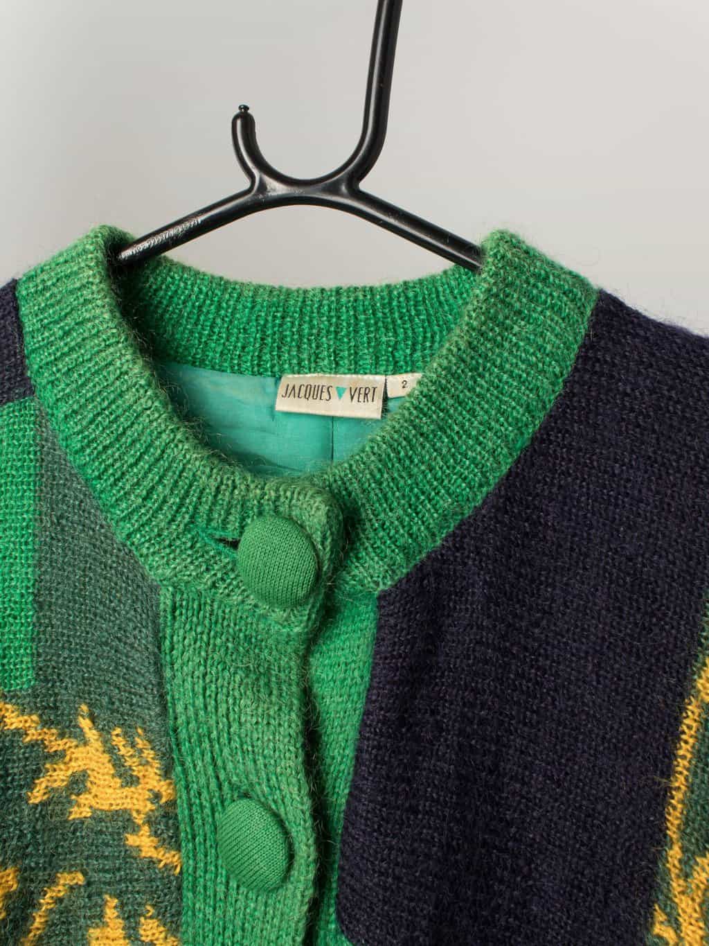 Womens vintage mohair fluffy lined jumper with bold green and yellow regal motifs - Medium / Large - Image 2