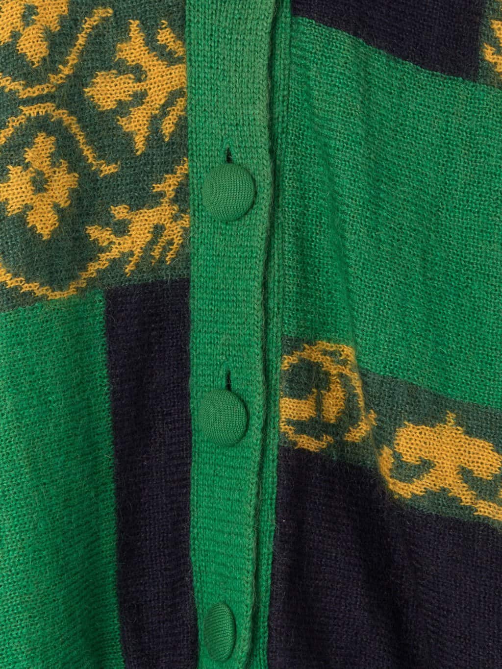Womens vintage mohair fluffy lined jumper with bold green and yellow regal motifs - Medium / Large - Image 3