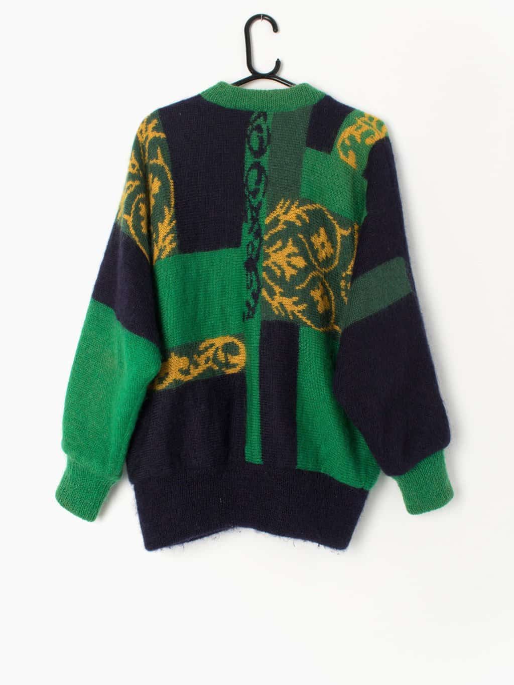 Womens vintage mohair fluffy lined jumper with bold green and yellow regal motifs - Medium / Large - Image 4