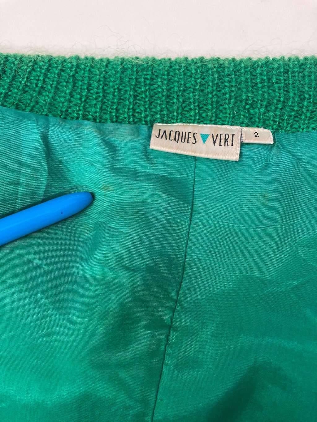 Womens vintage mohair fluffy lined jumper with bold green and yellow regal motifs - Medium / Large - Image 6