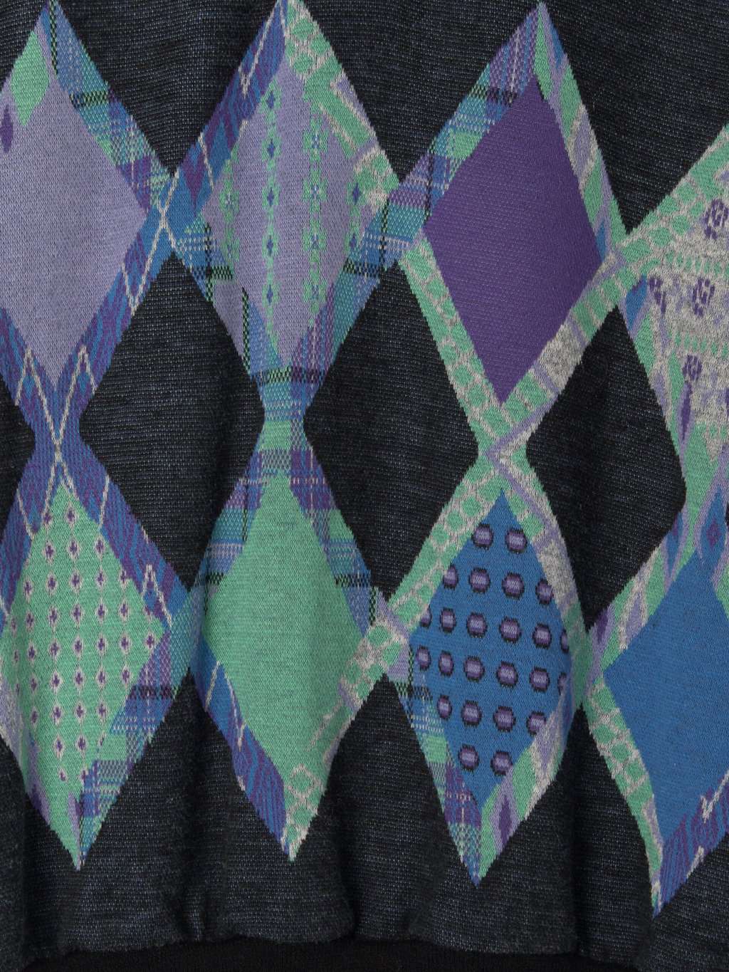 Mens 90s vintage polo shirt style jumper in black with purple and green diamond pattern - Small / Medium - Image 2