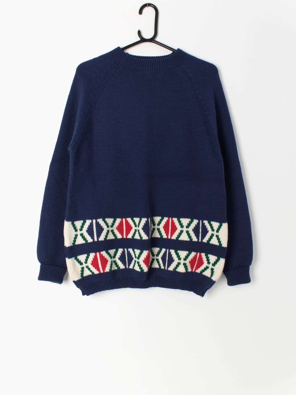 Vintage 1980s mens navy blue wool ski sweater with red and green