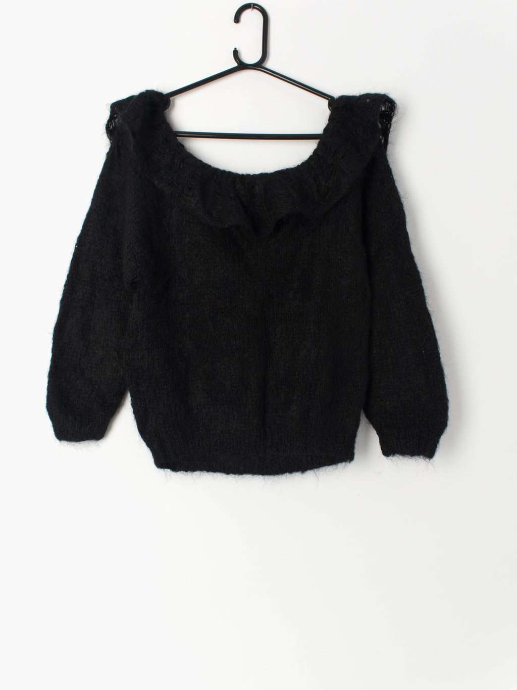 Vintage black mohair jumper with large ruffle collar hand knitted
