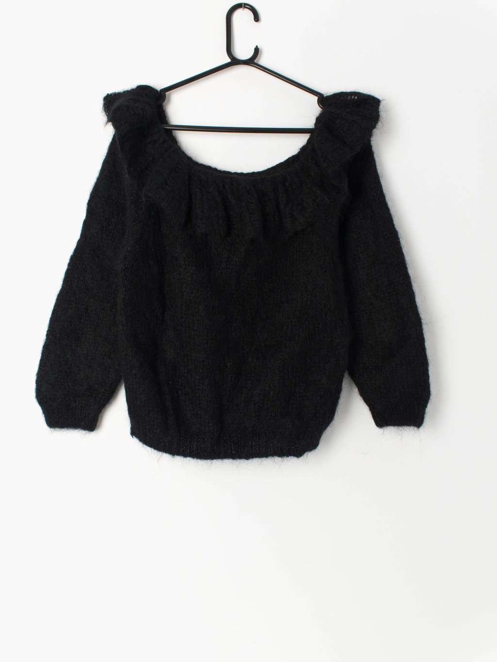 Vintage black mohair jumper with large ruffle collar hand knitted