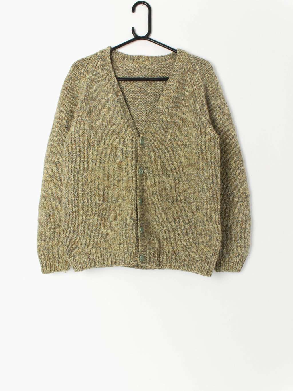 Vintage hand knitted cardigan in mottled green beige - Small / Medium