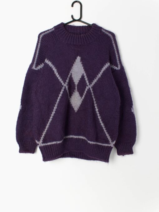Vintage purple hand knitted jumper with bold geometric diamond pattern - Medium / Large