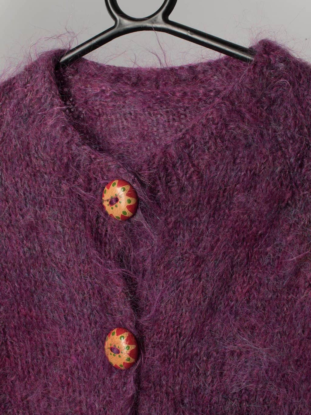 Vintage purple mohair cardigan with hand painted wooden buttons - Small - Image 2