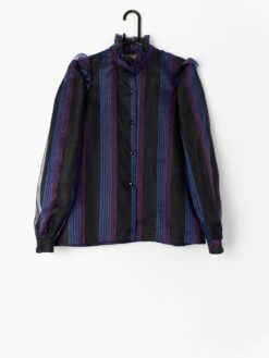 Vintage 80s Party Blouse With Purple Stripes And Ruffle Collar By Marion Donaldson Small Medium
