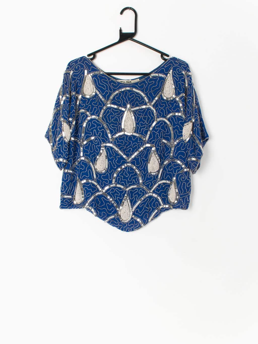 Vintage blue silk top with silver sequins and faux pearl teardrop ...