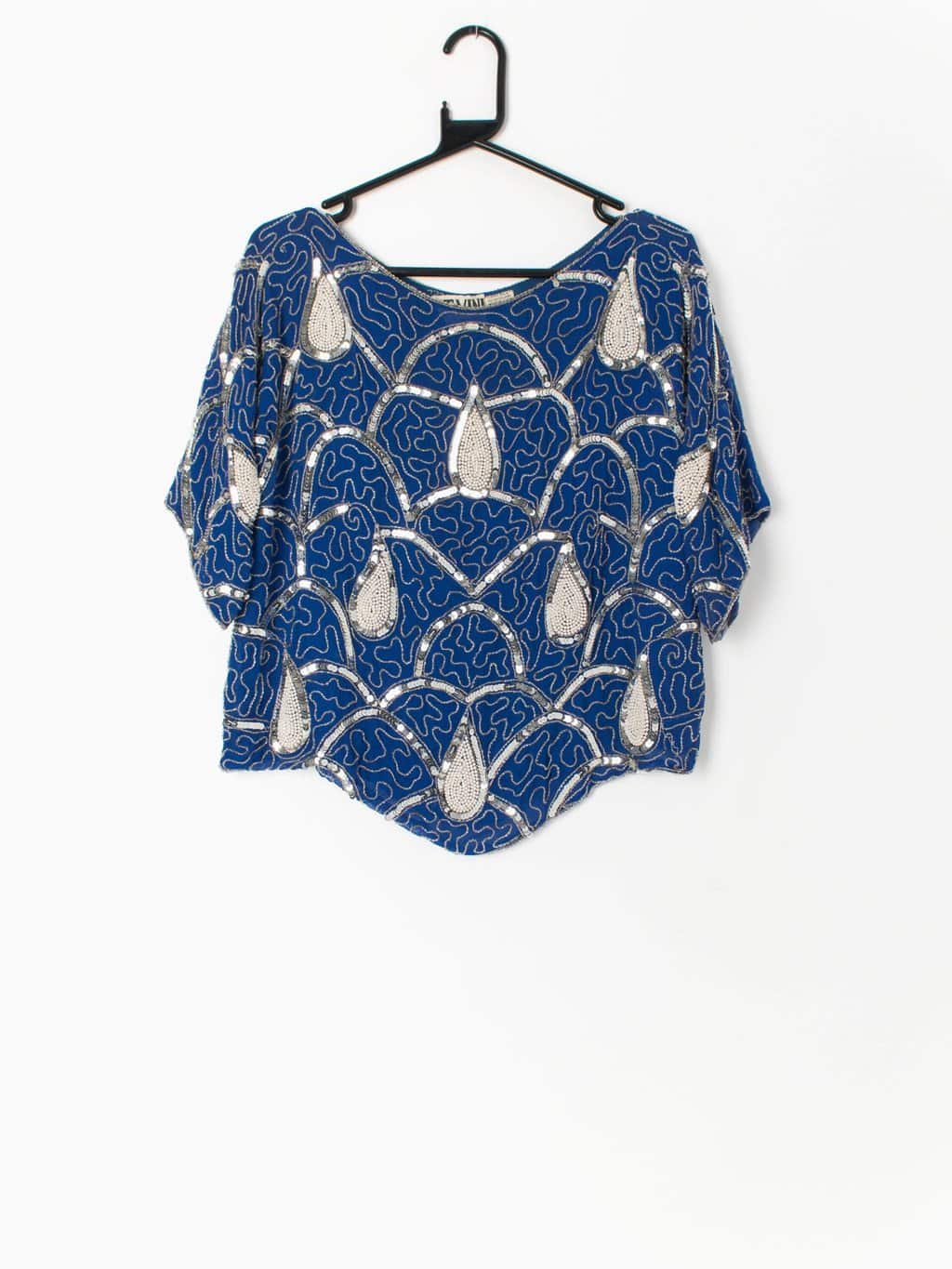 Vintage blue silk top with silver sequins and faux pearl teardrop pattern - Medium / Large