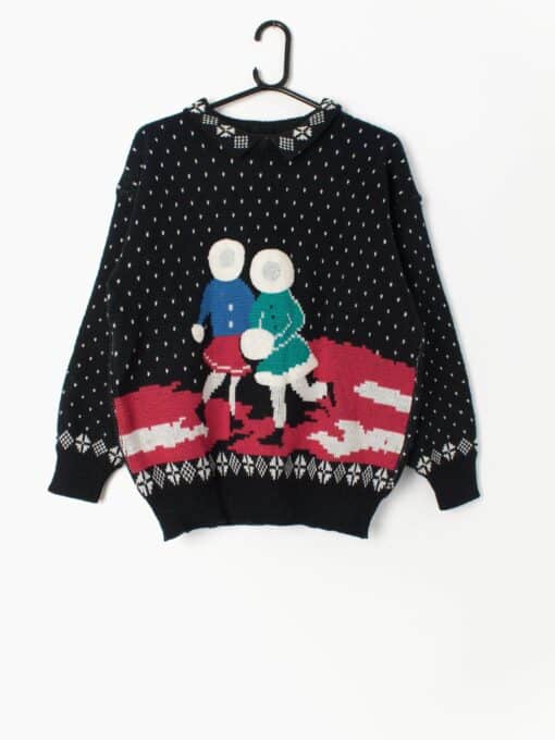 Vintage Christmas Jumper Sweater With Cute Eskimo Applique And Snowflakes Medium