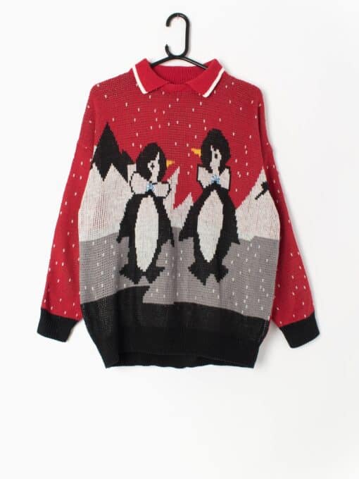 Vintage Christmas Jumper With Cute Penguin Couple And Collar Medium Large