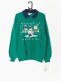 Vintage Christmas Novelty Sweater Green With Snowman Street Scene Made In Usa Medium Large