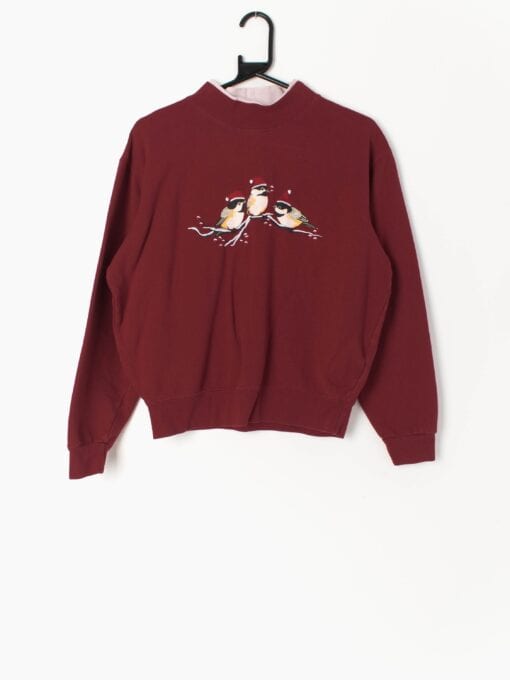 Vintage Christmas Novelty Sweatshirt With Cute Birds In Santa Hats Large