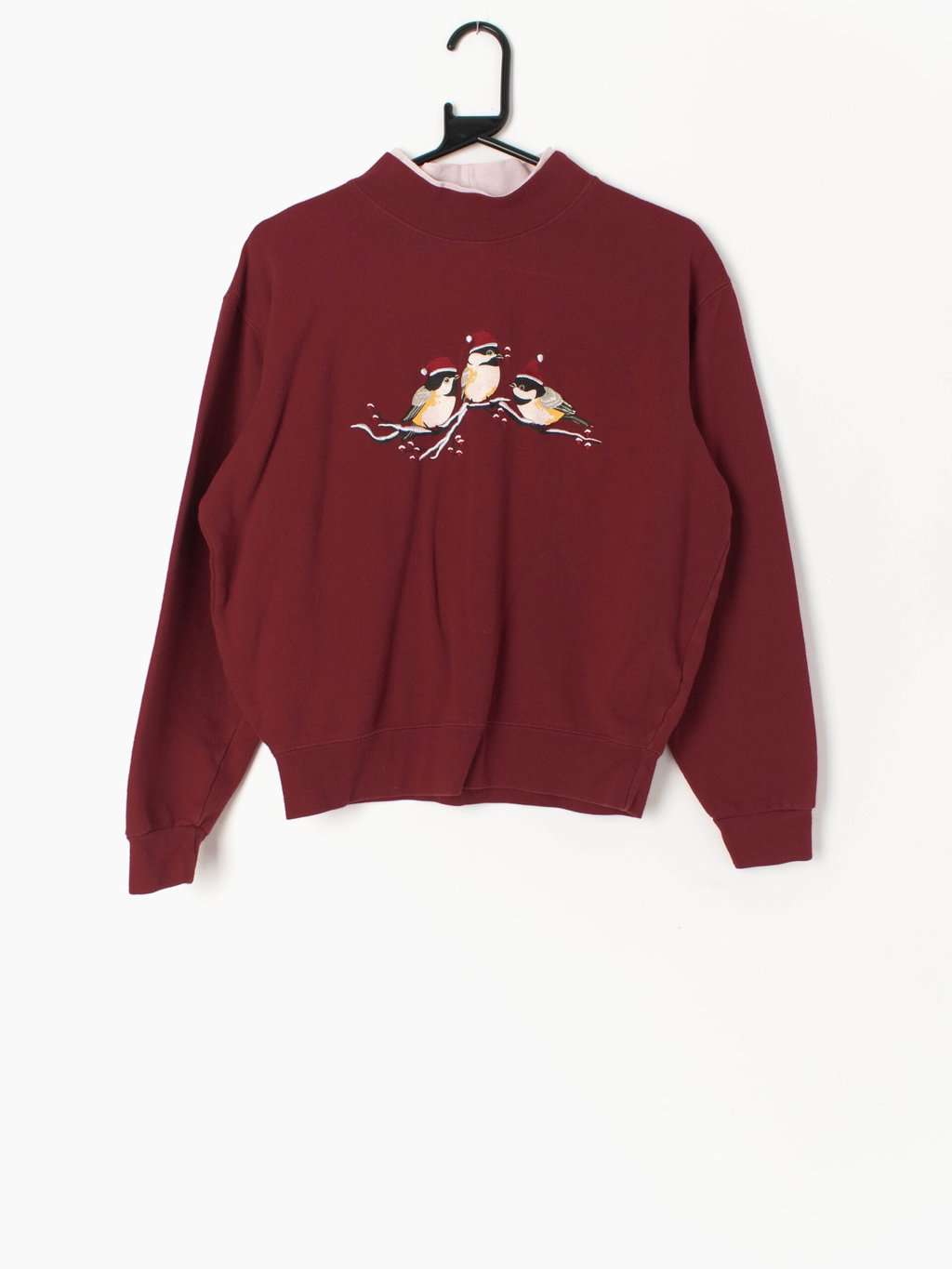 Vintage Christmas Novelty Sweatshirt With Cute Birds In Santa Hats Large
