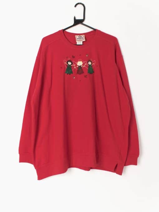Vintage Christmas Novelty Sweatshirt With Cute Embroidered Angels 2xl
