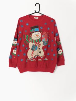 Vintage Christmas Sweater Feat Large Snowman With Snowman Sleeves Nutcracker 1980s Small Medium