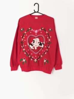 Vintage Christmas Valentines Puppy Love Sweater With Love Hearts Made In England 1980s Medium
