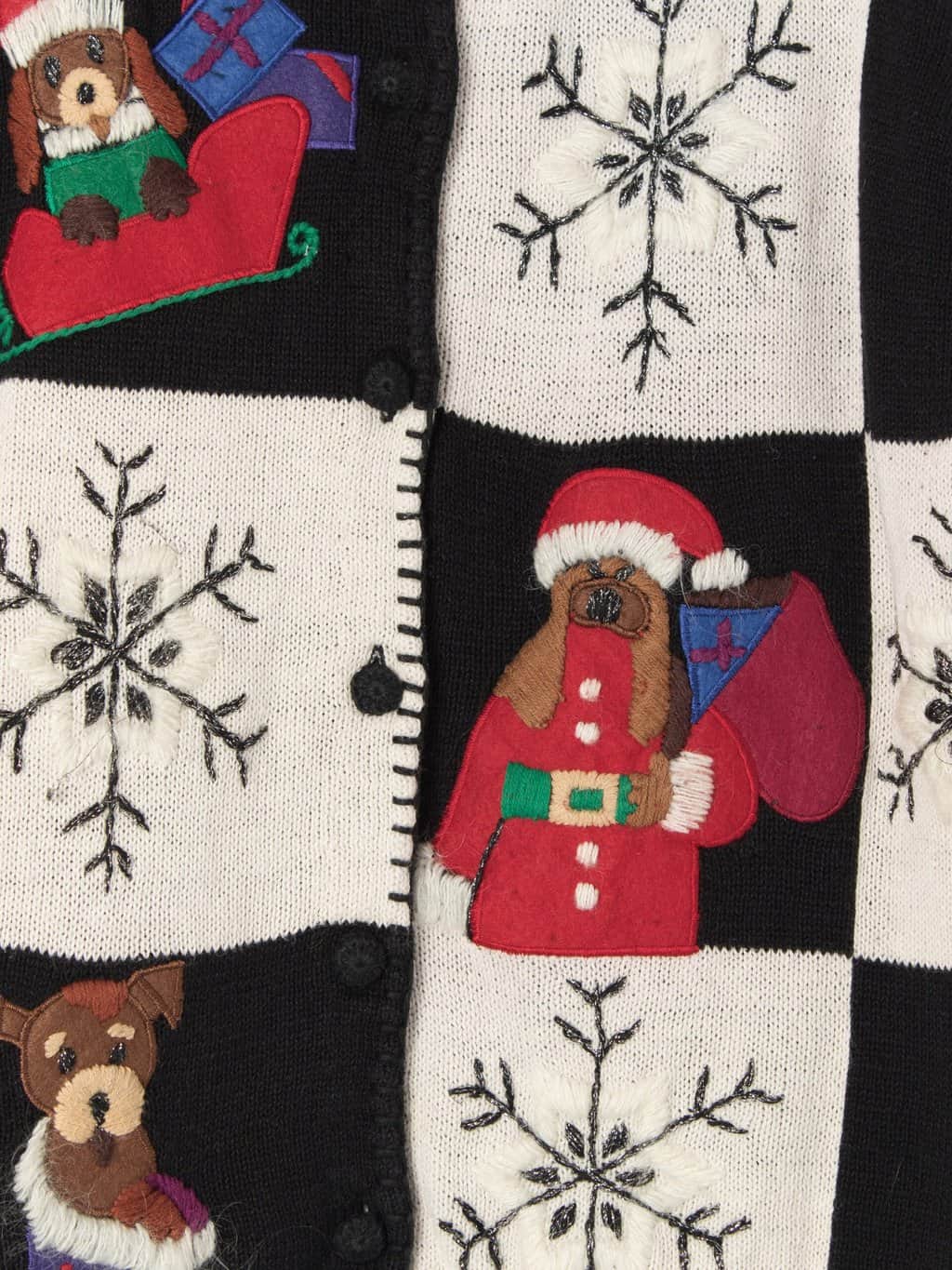 Vintage Dog Christmas Cardigan Sweater With Cute Puppies And Snowflakes Black And White 90s Medium 2