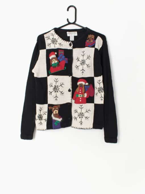Vintage Dog Christmas Cardigan Sweater With Cute Puppies And Snowflakes Black And White 90s Medium