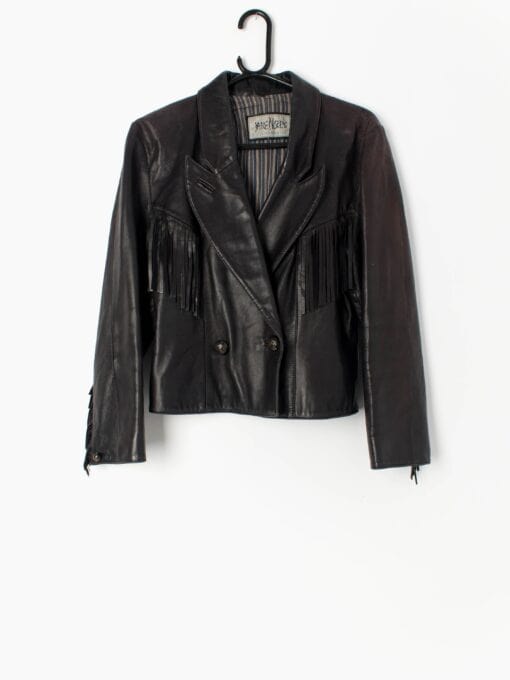 Vintage Jane Norris Black Leather Fringed Jacket Made In England Medium
