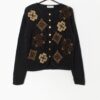 Vintage Knitted Cardigan Jacket Black With Gold Brown Embroidered Floral Details 90s Small Medium
