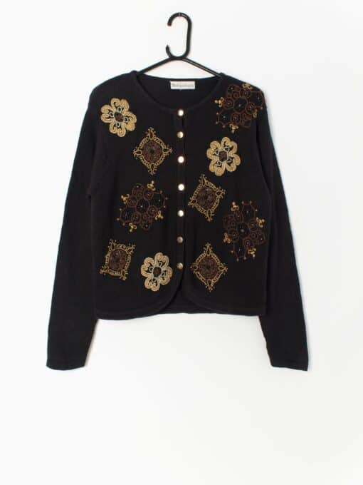 Vintage Knitted Cardigan Jacket Black With Gold Brown Embroidered Floral Details 90s Small Medium