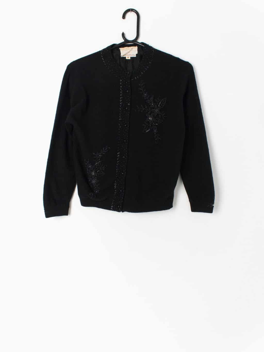 Vintage Lambswool Cardigan With Beaded Floral Details 1950s 60s Medium Large