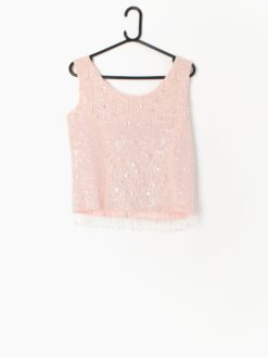 Vintage Pastel Pink Sequin Vest Sparkly Top With Beaded Fringe Details 1960s Small