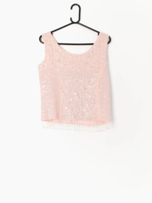 Vintage Pastel Pink Sequin Vest Sparkly Top With Beaded Fringe Details 1960s Small