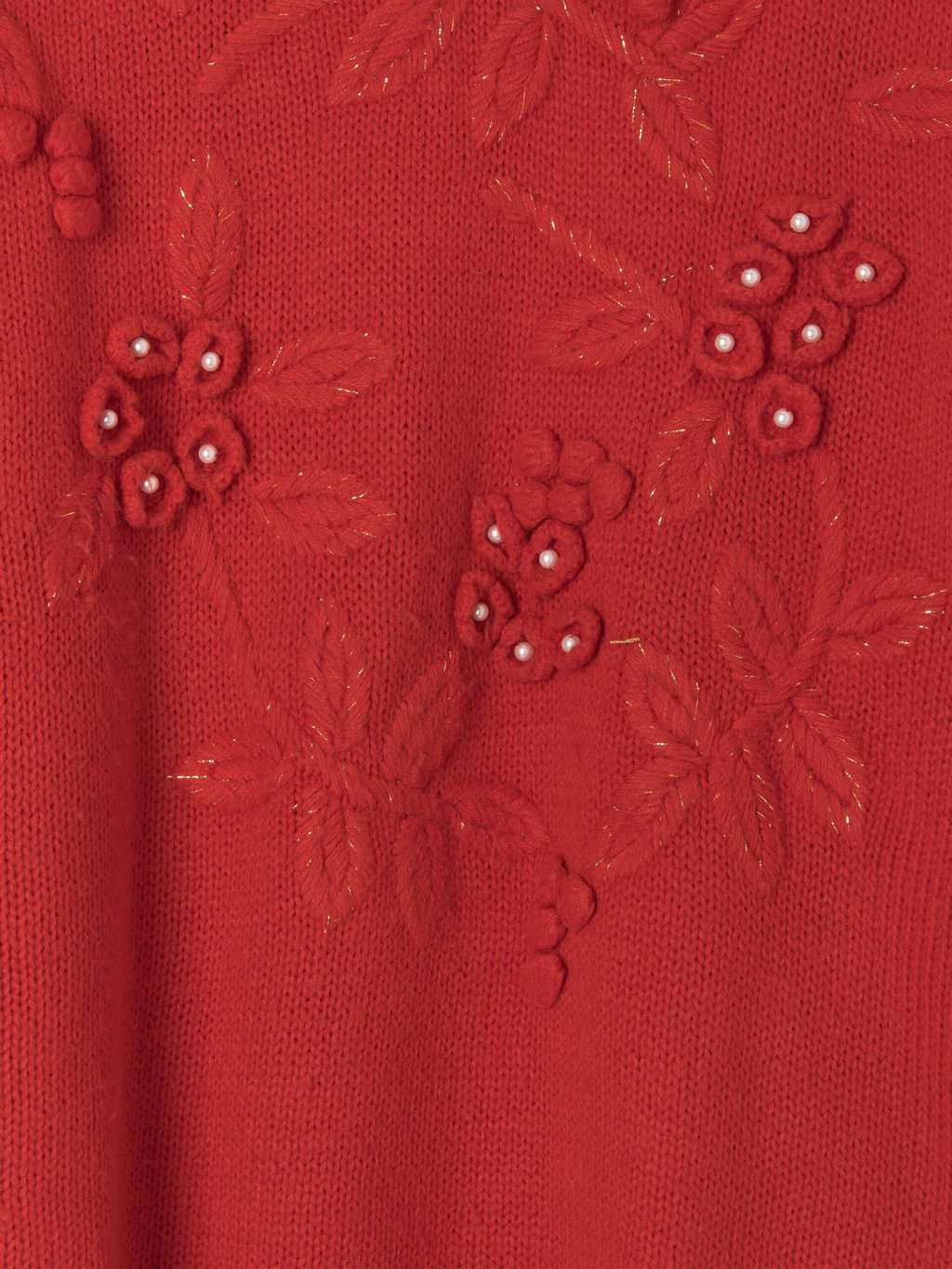 Vintage Red Jumper Sweater Embroidered Red Flowers Winter Berries With Pearl Beads 1990s Small Medium 2