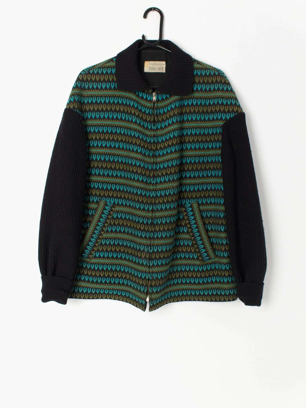 Vintage Scandi Wool Jacket 1960s In Knitted Teal Black By Scandinavian Creations Fiord Cliffs Medium Large